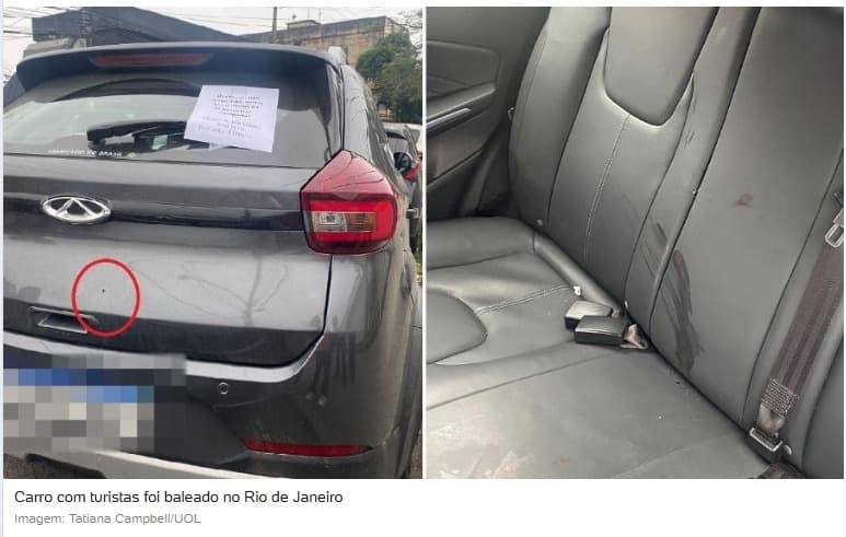 Carro de turistas atingido por disparo no Rio de Janeiro: marca de tiro na traseira e mancha de sangue no banco de trás